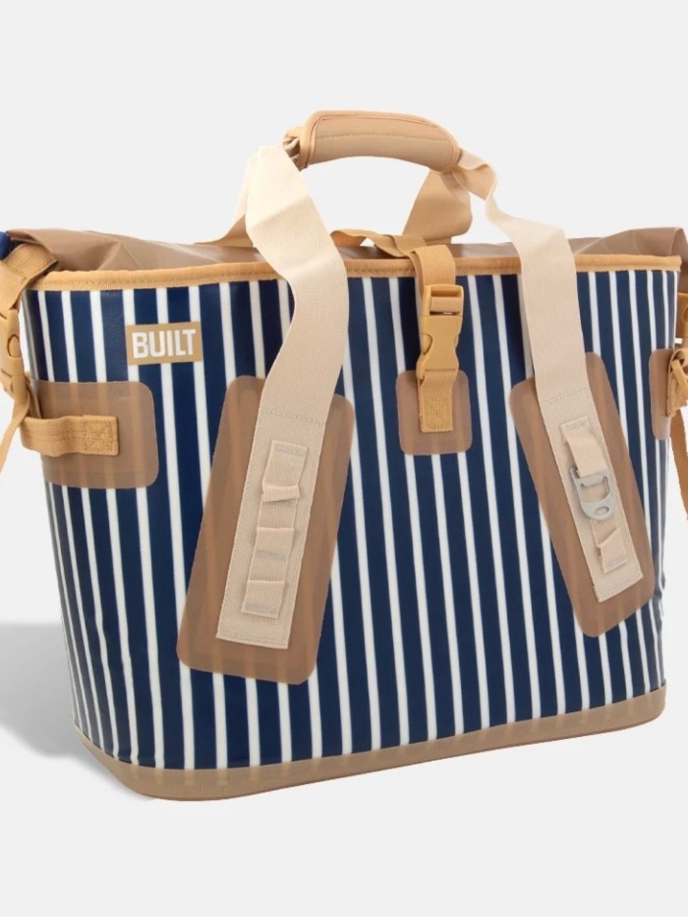 BUILT Navy Stripe Insulated Cooler Tote with Tan Accents